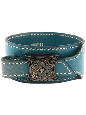Hermes Touareg Blue Jean Leather Bangle Bracelet Alloy